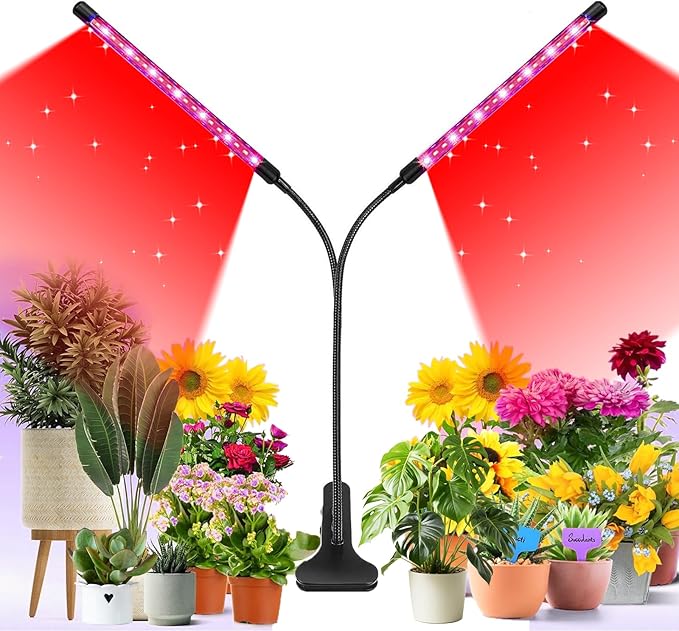 LED Grow Light, 2Head 6000K Clip Plant Growing Lamp with Red Blue LEDs for Indoor Plants, Grow Light for Indoor Plants, Auto On Off Timing 3 9 12Hrs, 10-Level Dimmable, 3 Switch Modes