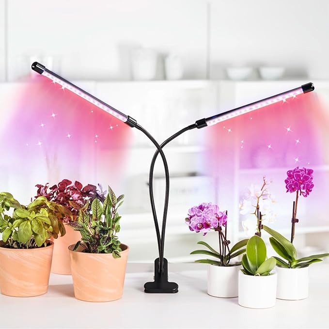 LED Grow Light, 2Head 6000K Clip Plant Growing Lamp with Red Blue LEDs for Indoor Plants, Grow Light for Indoor Plants, Auto On Off Timing 3 9 12Hrs, 10-Level Dimmable, 3 Switch Modes