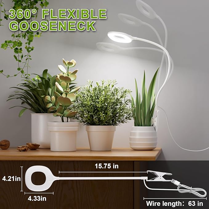 Grow Lights for Indoor Plants Full Spectrum, Clip On LED Plant Light, Plant Growing Lamp with 4/8/12H Timer, 3 Light Modes, 10 Dimmable Levels, Adjustable Gooseneck, Remote Control