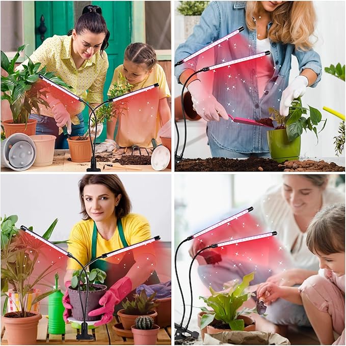 LED Grow Light, 2Head 6000K Clip Plant Growing Lamp with Red Blue LEDs for Indoor Plants, Grow Light for Indoor Plants, Auto On Off Timing 3 9 12Hrs, 10-Level Dimmable, 3 Switch Modes