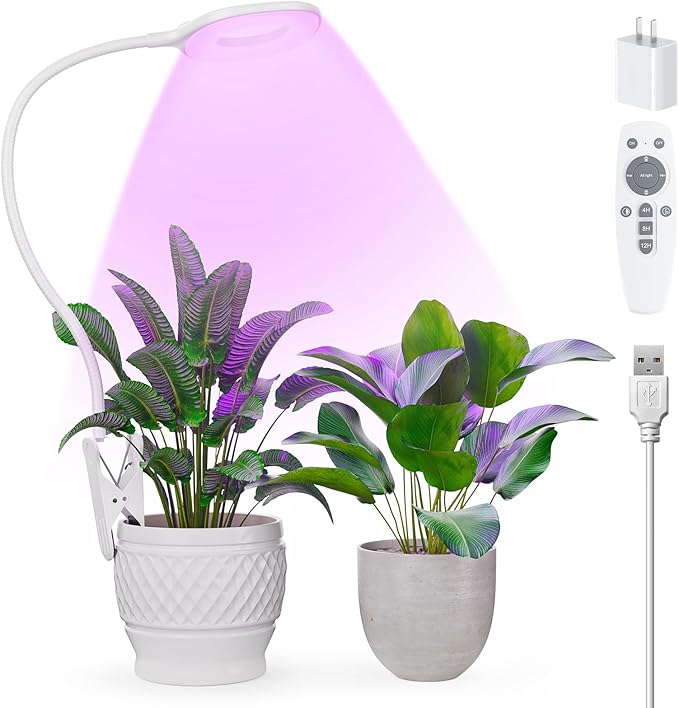 Grow Lights for Indoor Plants Full Spectrum, Clip On LED Plant Light, Plant Growing Lamp with 4/8/12H Timer, 3 Light Modes, 10 Dimmable Levels, Adjustable Gooseneck, Remote Control